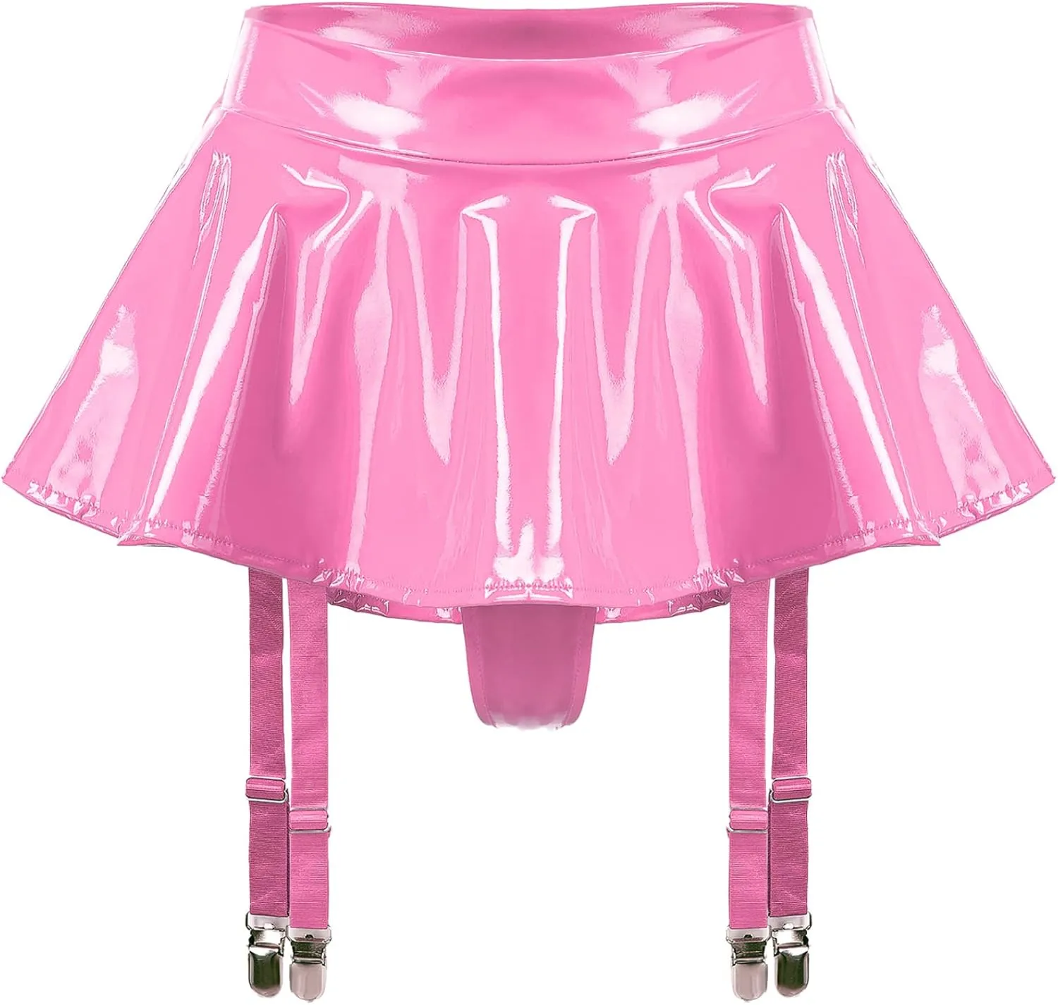 Women Wet Look Pleated Vinyl Bodycon Mini Latex Skirt Tights Pencil Skirt Garter Belt Clubwear