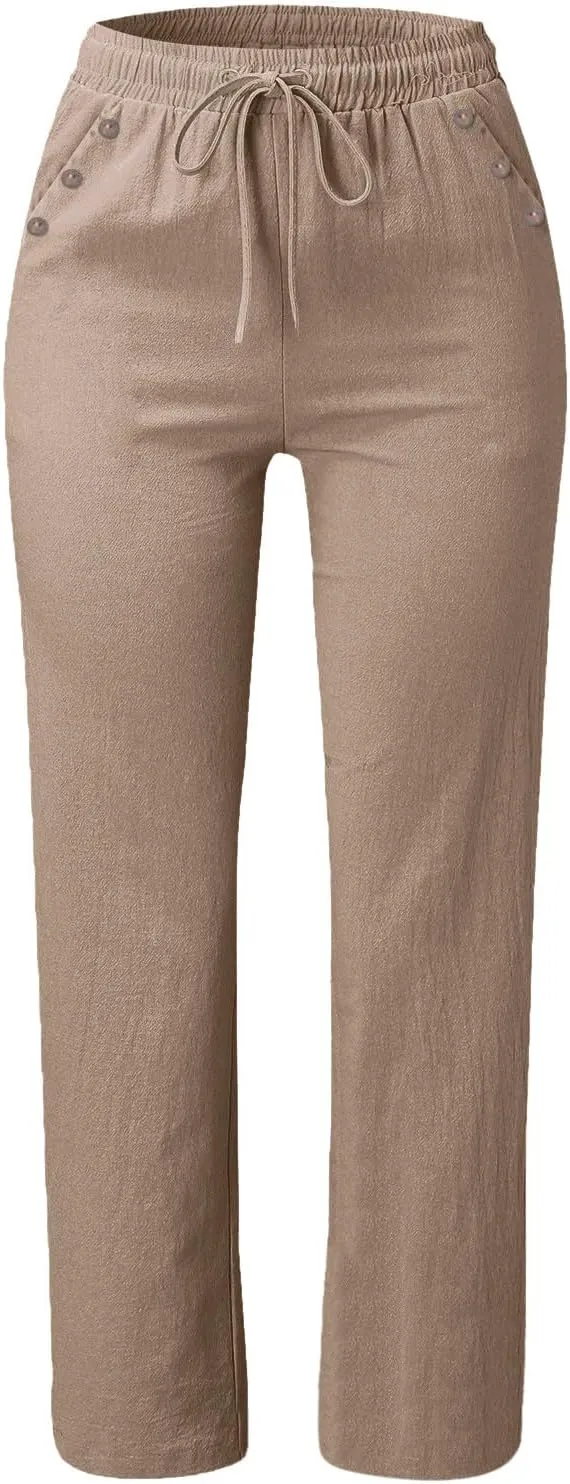 Women Wide Leg Linen Pants Beach Casual High Elastic Waisted Palazzo Pant Baggy Button Trouser with Pocket