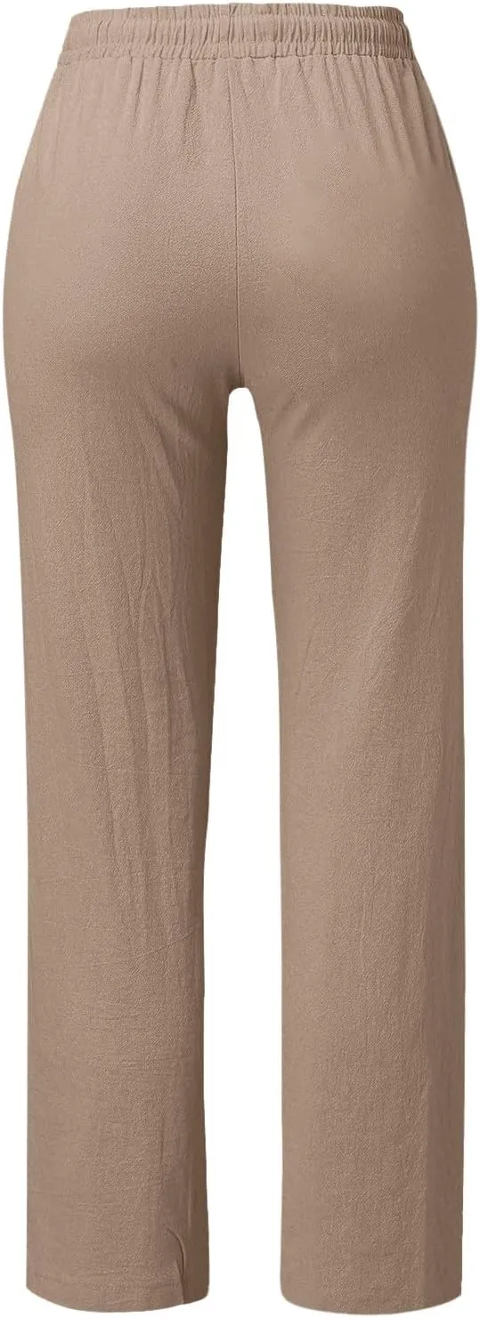 Women Wide Leg Linen Pants Beach Casual High Elastic Waisted Palazzo Pant Baggy Button Trouser with Pocket