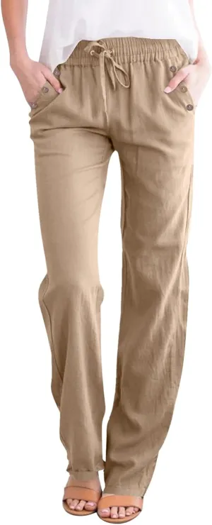 Women Wide Leg Linen Pants Beach Casual High Elastic Waisted Palazzo Pant Baggy Button Trouser with Pocket