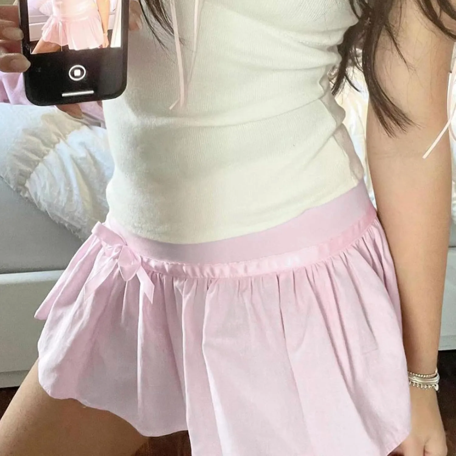 Women Y2K Pleated Mini Skirt Cute Bow Skirts Shoujo Clothes Low Waisted Ruffle Skirt Sexy A Line Short Dress