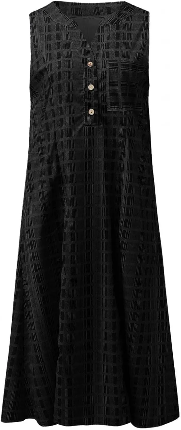 Womens 2023 Summer Casual Tank Dress Sleeveless Button Up V Neck Print Hem Swing Midi Sundress with Pocket Mid Calf Length