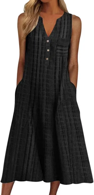 Womens 2023 Summer Casual Tank Dress Sleeveless Button Up V Neck Print Hem Swing Midi Sundress with Pocket Mid Calf Length