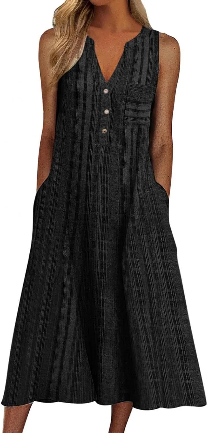 Womens 2023 Summer Casual Tank Dress Sleeveless Button Up V Neck Print Hem Swing Midi Sundress with Pocket Mid Calf Length