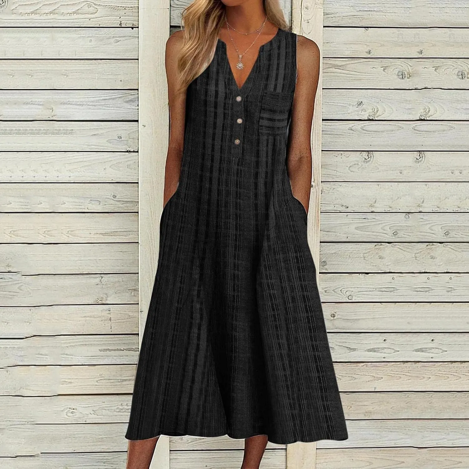 Womens 2023 Summer Casual Tank Dress Sleeveless Button Up V Neck Print Hem Swing Midi Sundress with Pocket Mid Calf Length