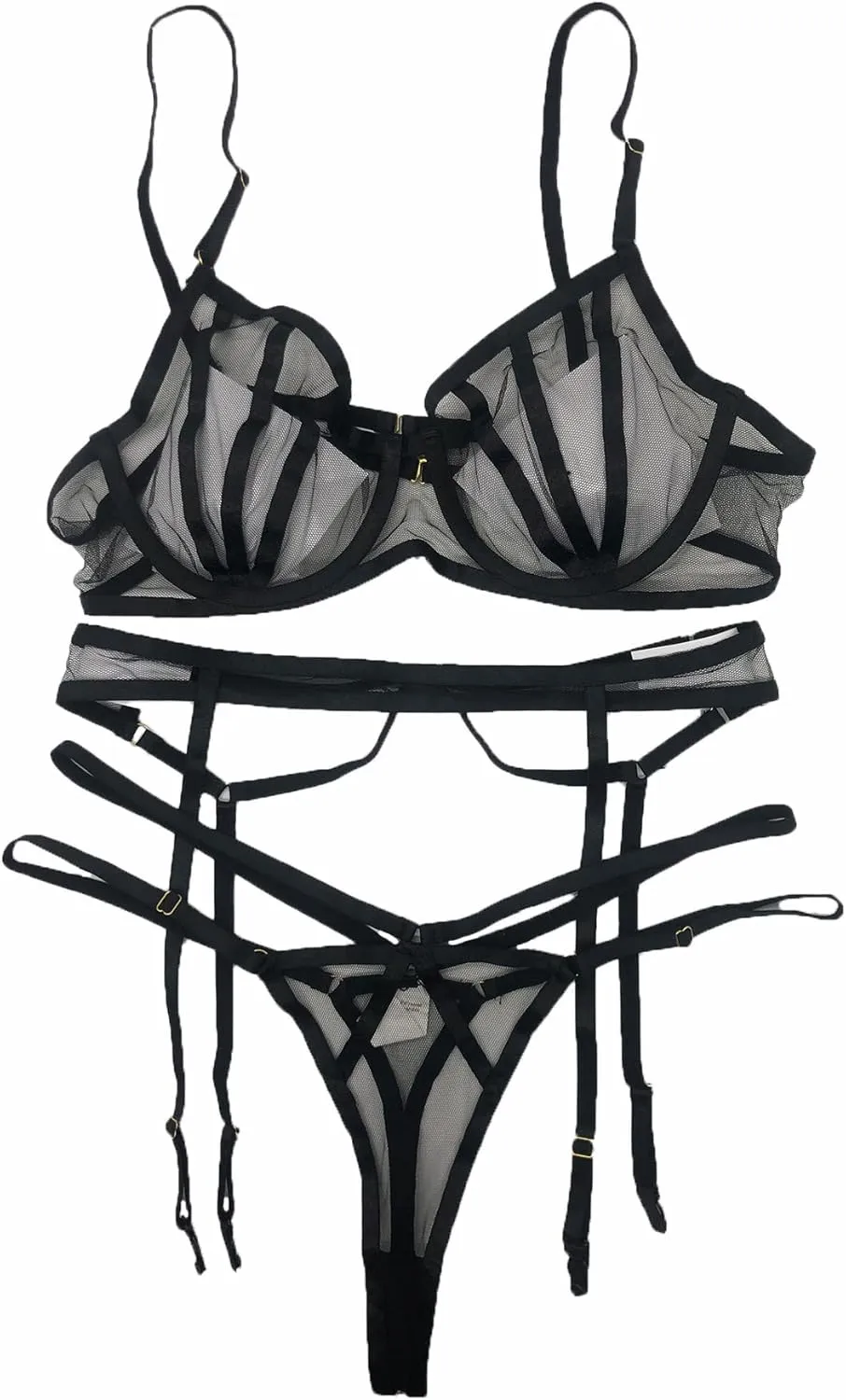 Women's 3PC Sexy Ladder Cut Out Lingerie Set with Garter Belts Holloween Lace Nightwear Teddy Strap Lingerie Black M