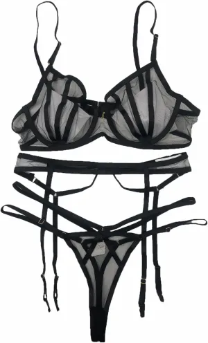 Women's 3PC Sexy Ladder Cut Out Lingerie Set with Garter Belts Holloween Lace Nightwear Teddy Strap Lingerie Black M
