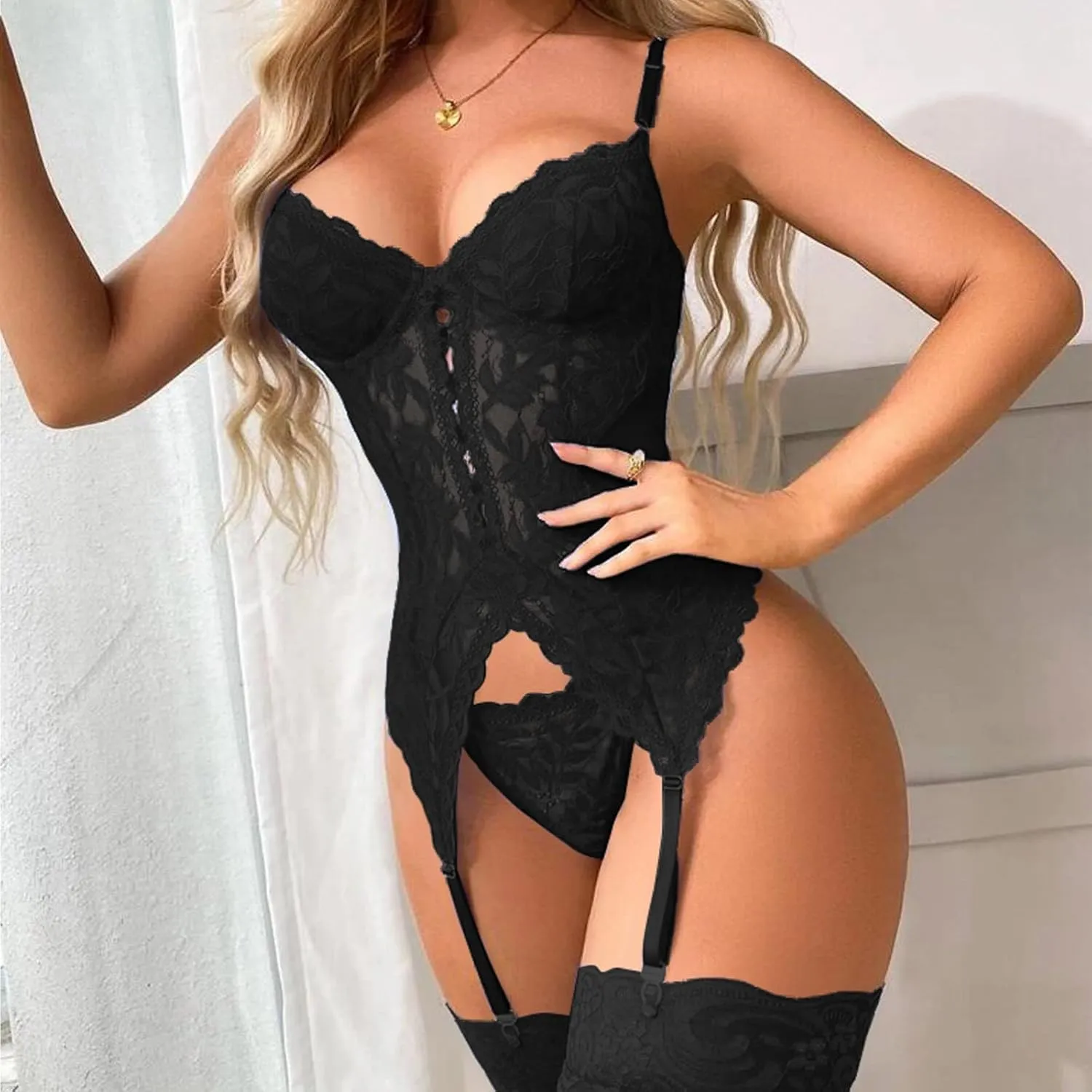 Women's 4 Piece Floral Lace Spaghetti Strap Underwire Garter Lingerie Set with Stocking Sexy Body Suits Women