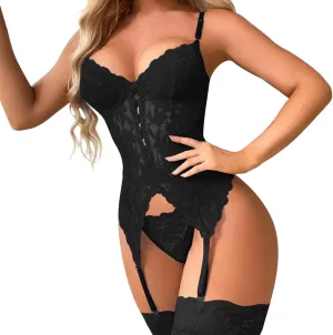 Women's 4 Piece Floral Lace Spaghetti Strap Underwire Garter Lingerie Set with Stocking Sexy Body Suits Women