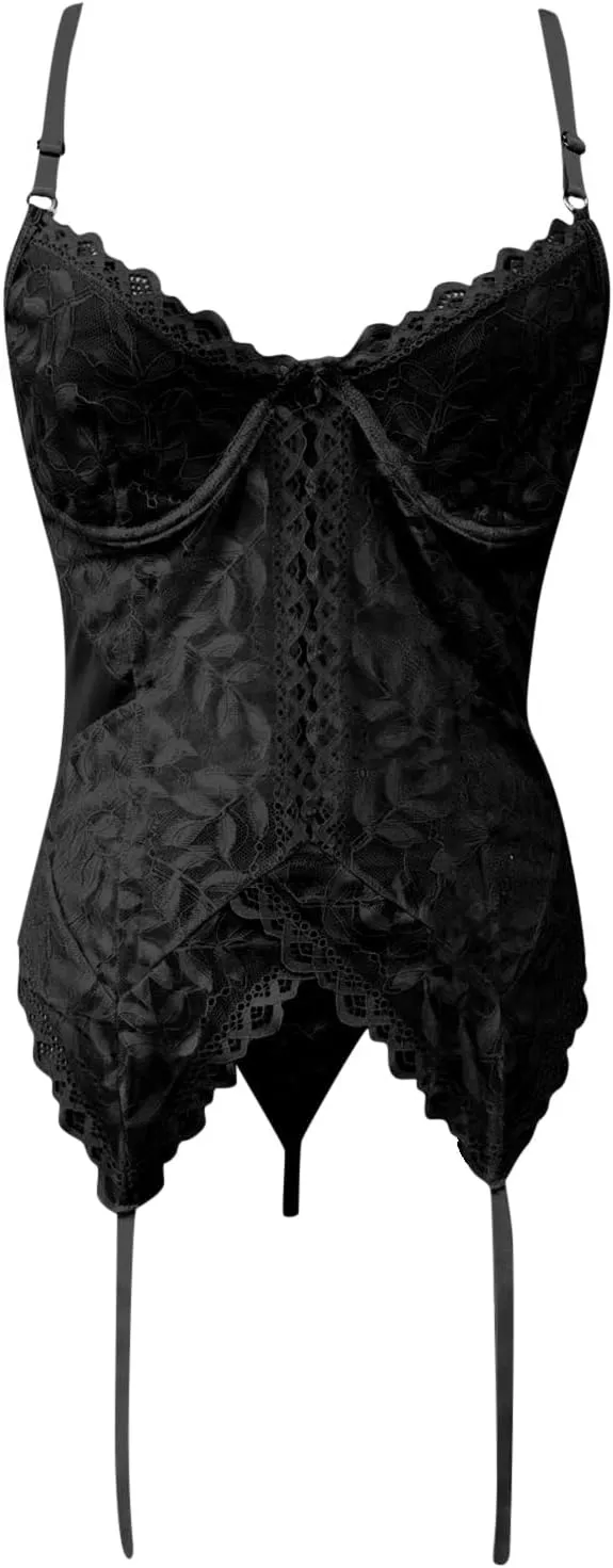 Women's 4 Piece Floral Lace Spaghetti Strap Underwire Garter Lingerie Set with Stocking Sexy Body Suits Women