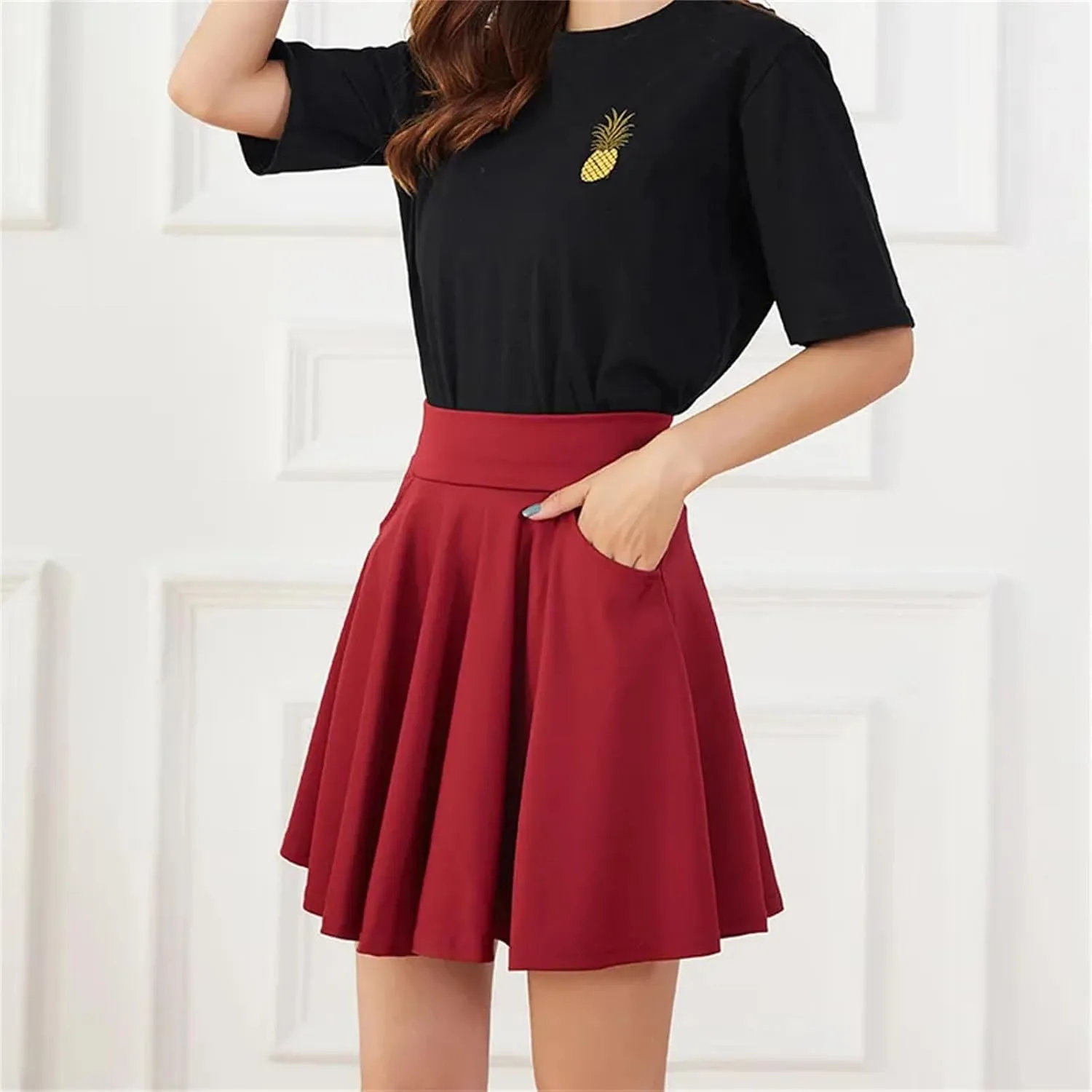 Women's Basic Skirts Flared Casual Mini Skater Medium Pleated Shorts Skirt for Women Pocket