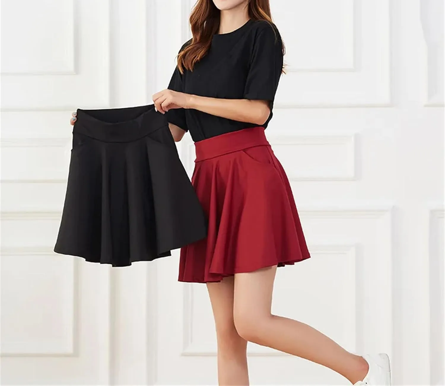 Women's Basic Skirts Flared Casual Mini Skater Medium Pleated Shorts Skirt for Women Pocket