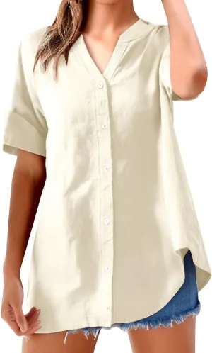 Womens Boho Linen Short Sleeve T Shirts Summer 2024 Fashion Casual Oversized Tunics Round Neck Loose Tshirts