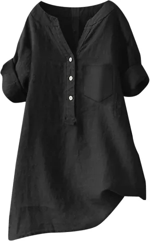 Women's Button Down Shirts Plain Long Sleeve Cotton Linen Summer Casual Business Blouse Top Loose Fit T Shirts