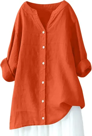 Women's Button Linen Short Sleeve T-Shirt Summer Vintage Casual Oversized Tee Shirt Crew Neck Loose Tshirt
