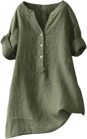 Womens Button Shirt Cotton and Linen 3/4 Sleeve V Neck Basic Shirt Casual Loose Business Blouses Tunics Top