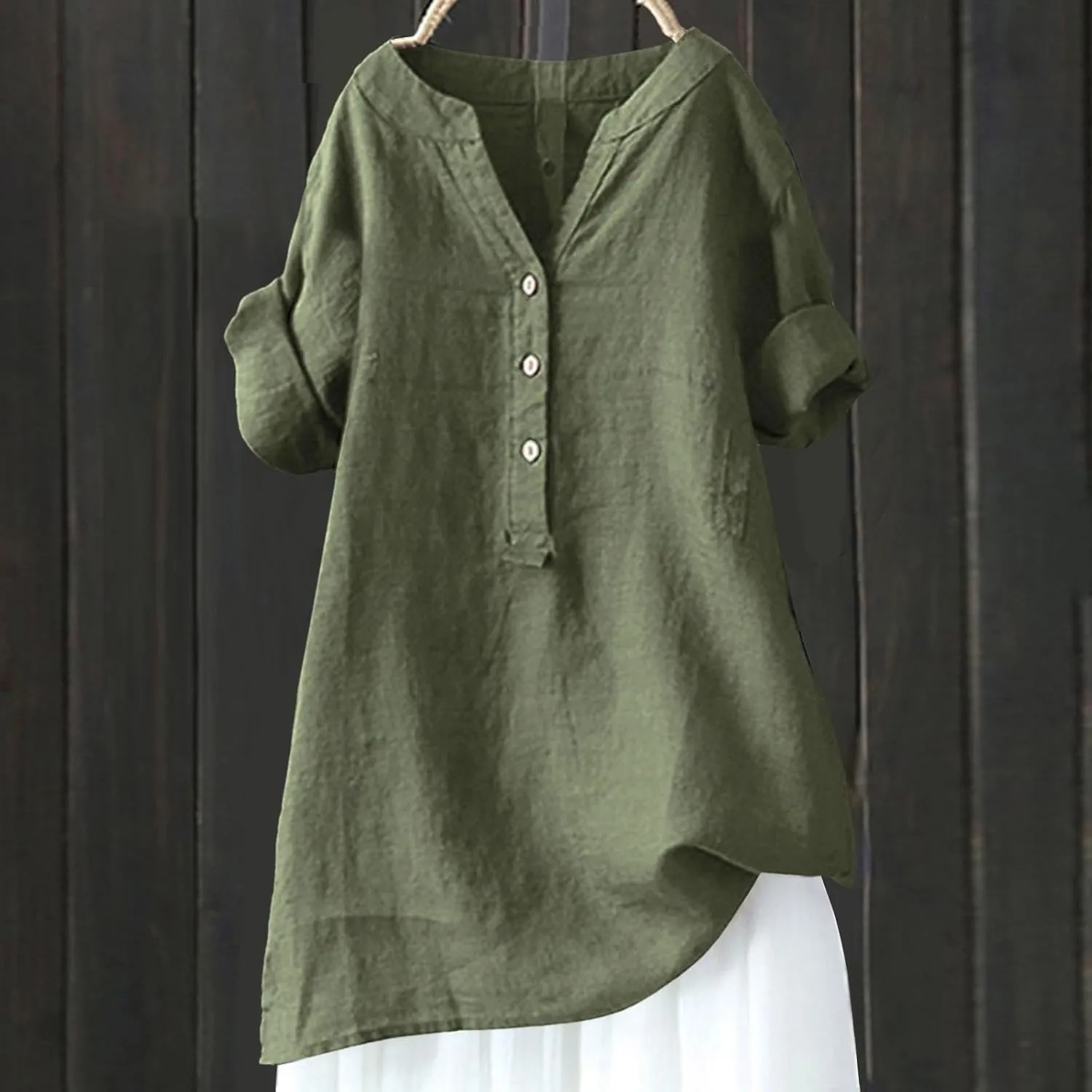 Womens Button Shirt Cotton and Linen 3/4 Sleeve V Neck Basic Shirt Casual Loose Business Blouses Tunics Top