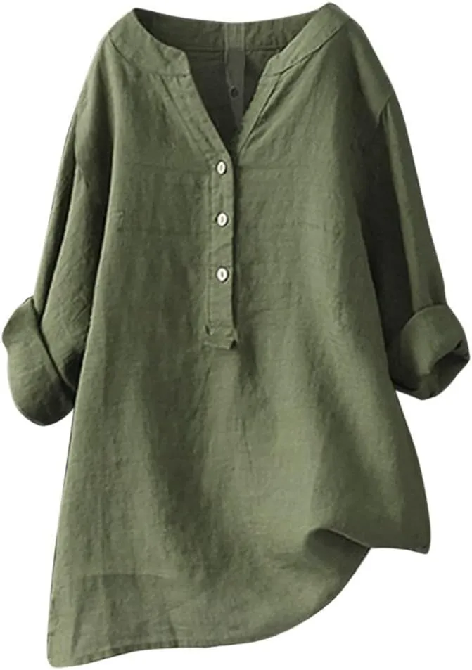 Womens Button Shirt Cotton and Linen 3/4 Sleeve V Neck Basic Shirt Casual Loose Business Blouses Tunics Top