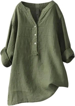 Womens Button Shirt Cotton and Linen 3/4 Sleeve V Neck Basic Shirt Casual Loose Business Blouses Tunics Top
