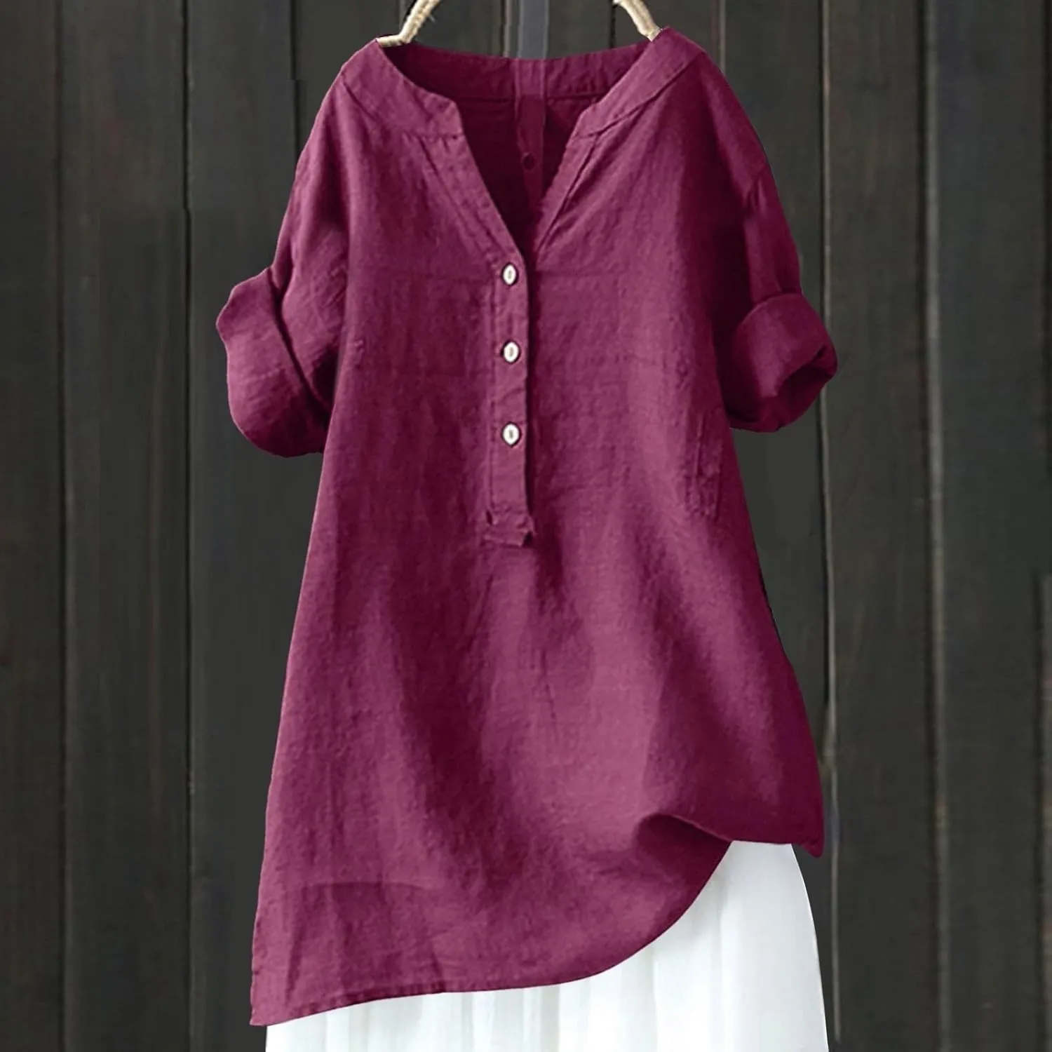 Womens Button Shirt Cotton and Linen 3/4 Sleeve V Neck Basic Shirt Casual Loose Business Blouses Tunics Top
