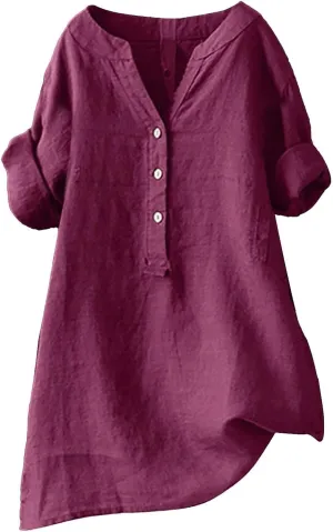 Womens Button Shirt Cotton and Linen 3/4 Sleeve V Neck Basic Shirt Casual Loose Business Blouses Tunics Top