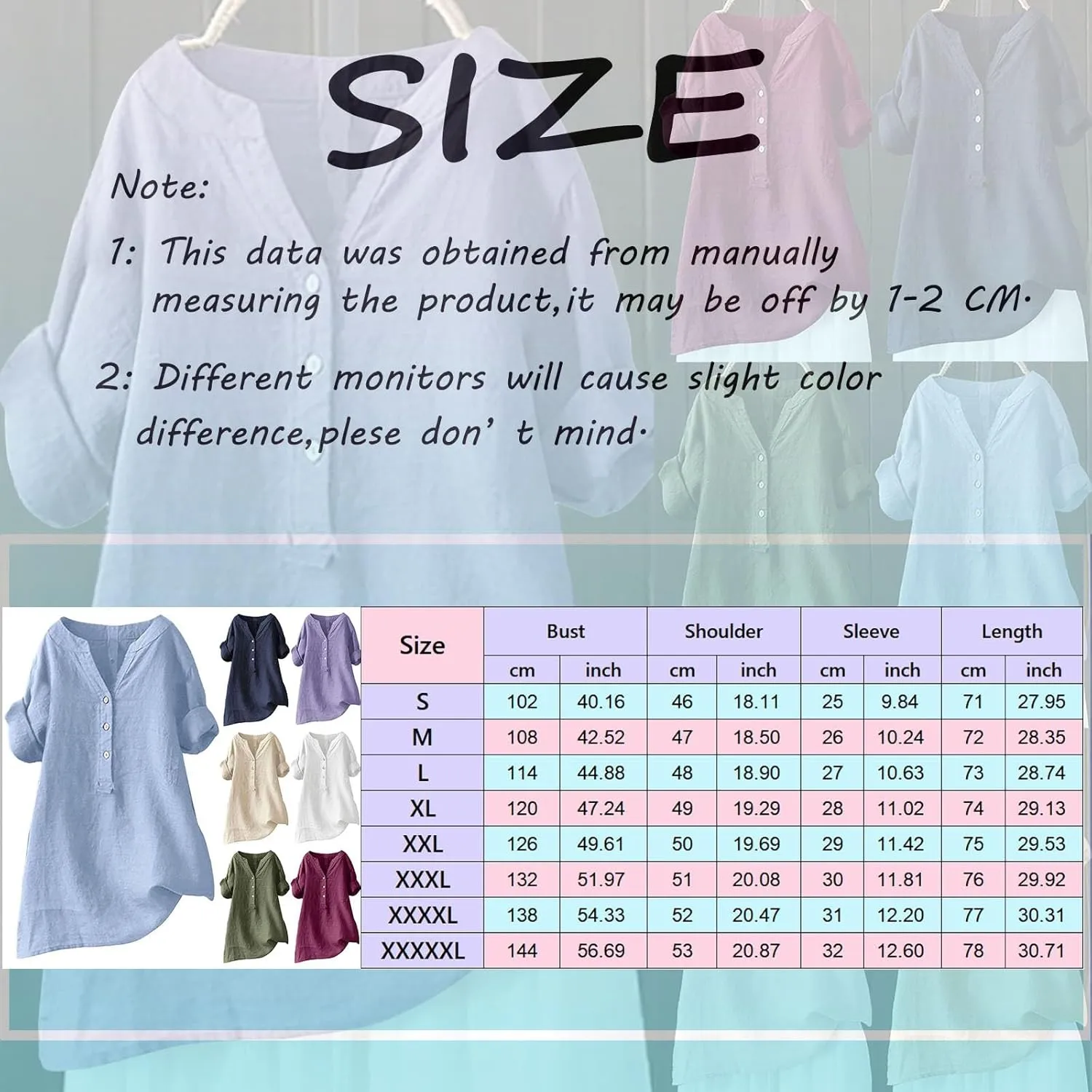 Womens Button Shirt Cotton and Linen 3/4 Sleeve V Neck Basic Shirt Casual Loose Business Blouses Tunics Top