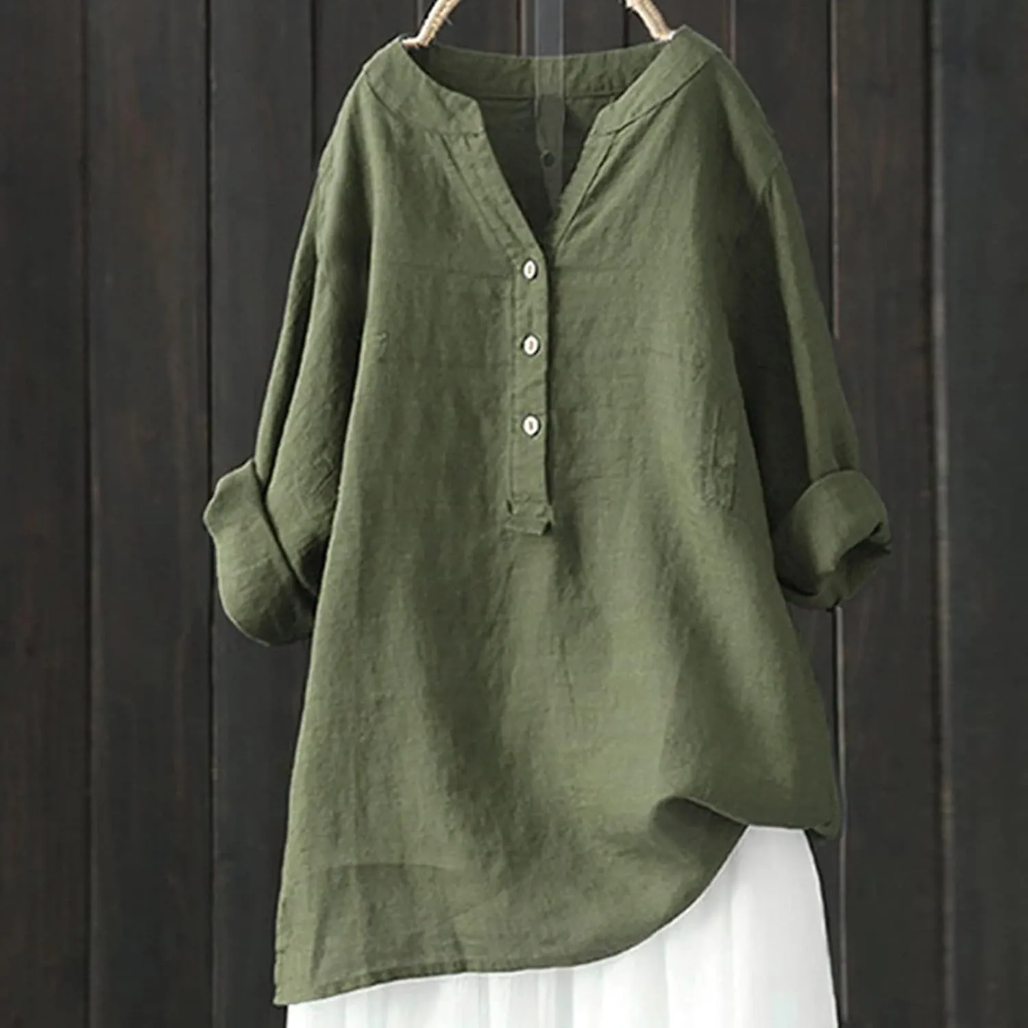 Womens Button Shirt Cotton and Linen 3/4 Sleeve V Neck Basic Shirt Casual Loose Business Blouses Tunics Top