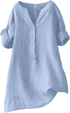 Womens Buttons Shirt Linen Roll-Up Sleeve V-Neck Beach Shirt Casual Loose Fit Plain Solid Blouses Tops