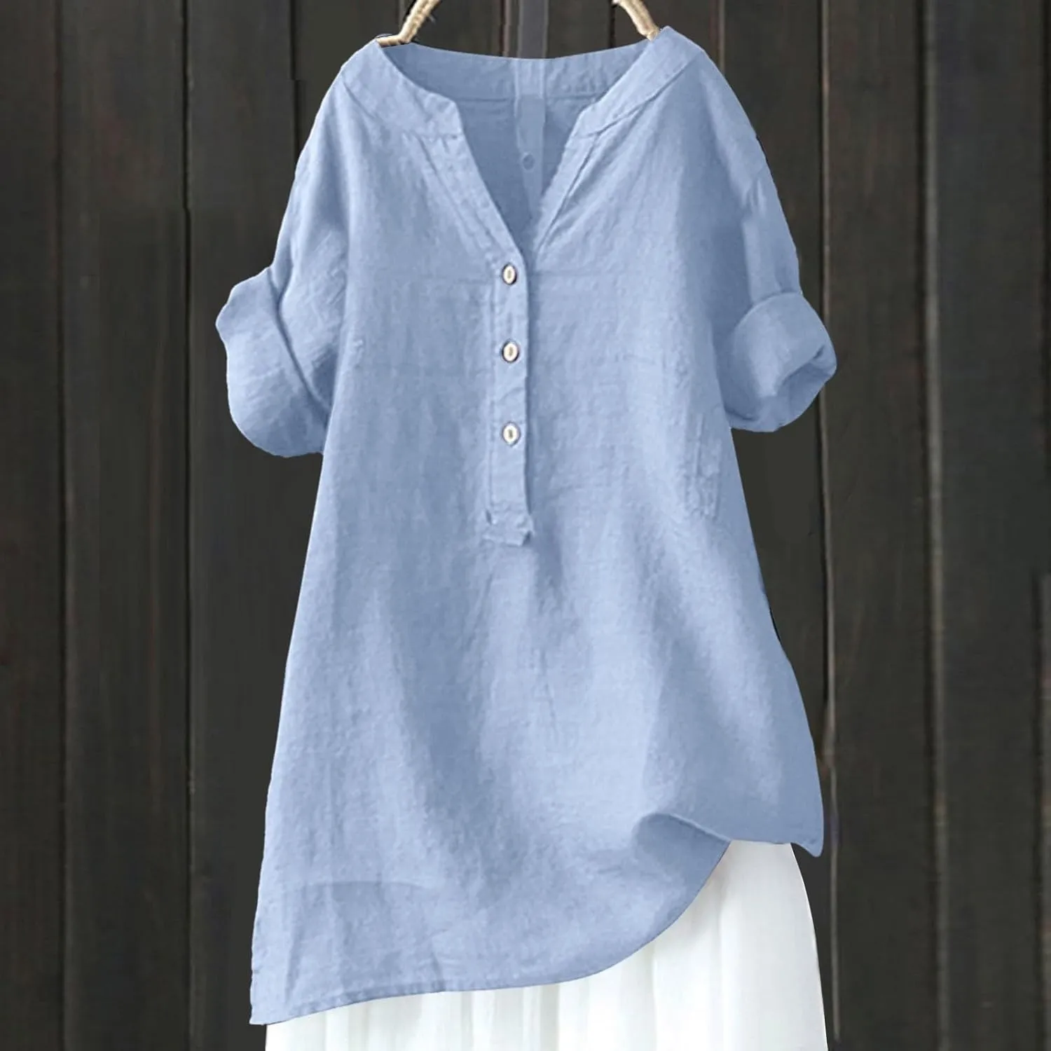 Womens Buttons Shirt Linen Roll-Up Sleeve V-Neck Beach Shirt Casual Loose Fit Plain Solid Blouses Tops