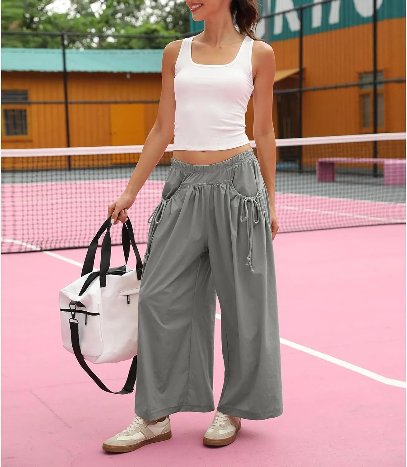 Womens Capri Pant Summer Wide Leg Loose Street Capris Joggers High Waist Drawstring Y2k Cropped Pants with Pockets
