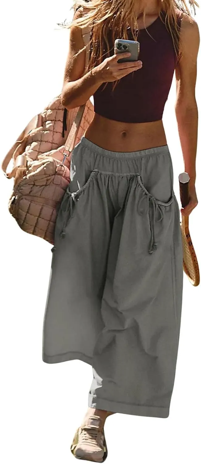 Womens Capri Pant Summer Wide Leg Loose Street Capris Joggers High Waist Drawstring Y2k Cropped Pants with Pockets