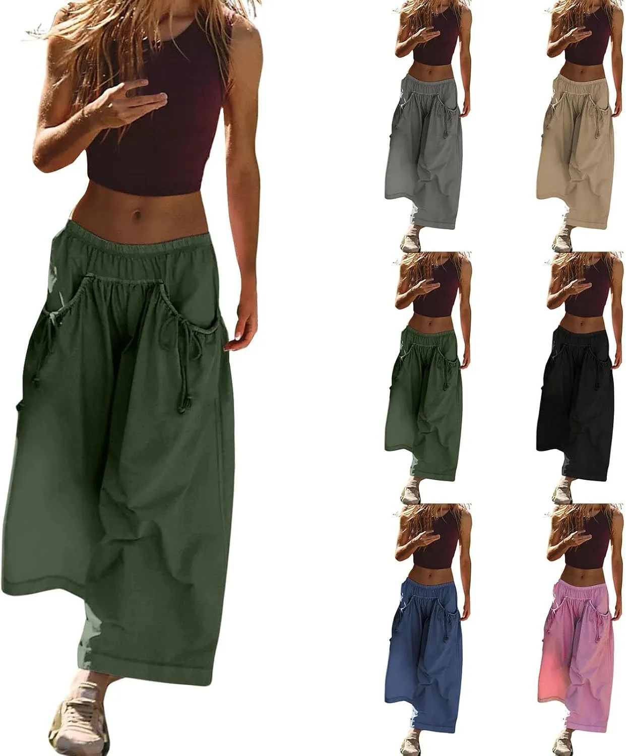 Womens Capri Pant Summer Wide Leg Loose Street Capris Joggers High Waist Drawstring Y2k Cropped Pants with Pockets