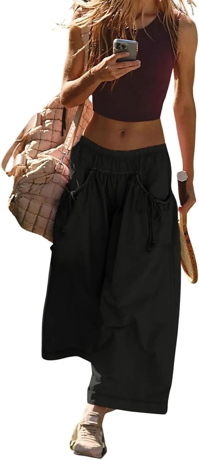 Womens Capri Pant Summer Wide Leg Loose Street Capris Joggers High Waist Drawstring Y2k Cropped Pants with Pockets