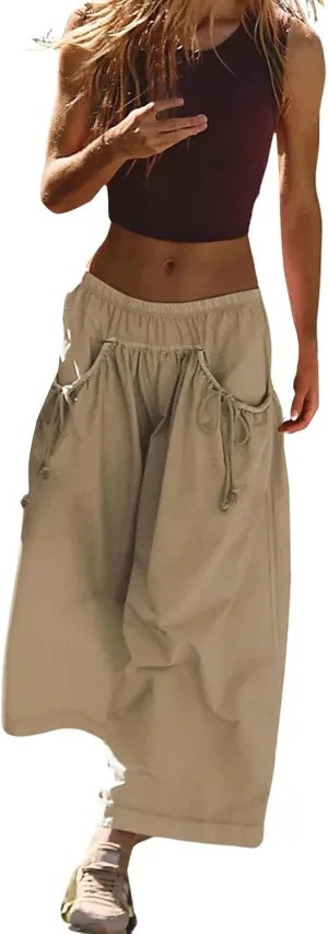 Womens Capri Pant Summer Wide Leg Loose Street Capris Joggers High Waist Drawstring Y2k Cropped Pants with Pockets