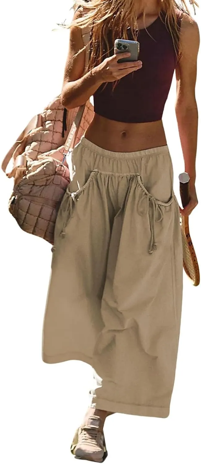 Womens Capri Pant Summer Wide Leg Loose Street Capris Joggers High Waist Drawstring Y2k Cropped Pants with Pockets