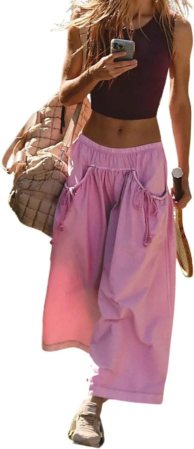Womens Capri Pant Summer Wide Leg Loose Street Capris Joggers High Waist Drawstring Y2k Cropped Pants with Pockets