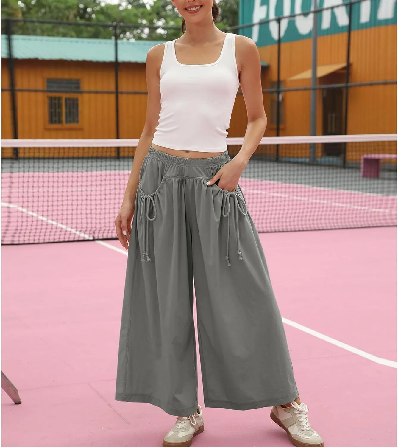 Womens Capri Pant Summer Wide Leg Loose Street Capris Joggers High Waist Drawstring Y2k Cropped Pants with Pockets