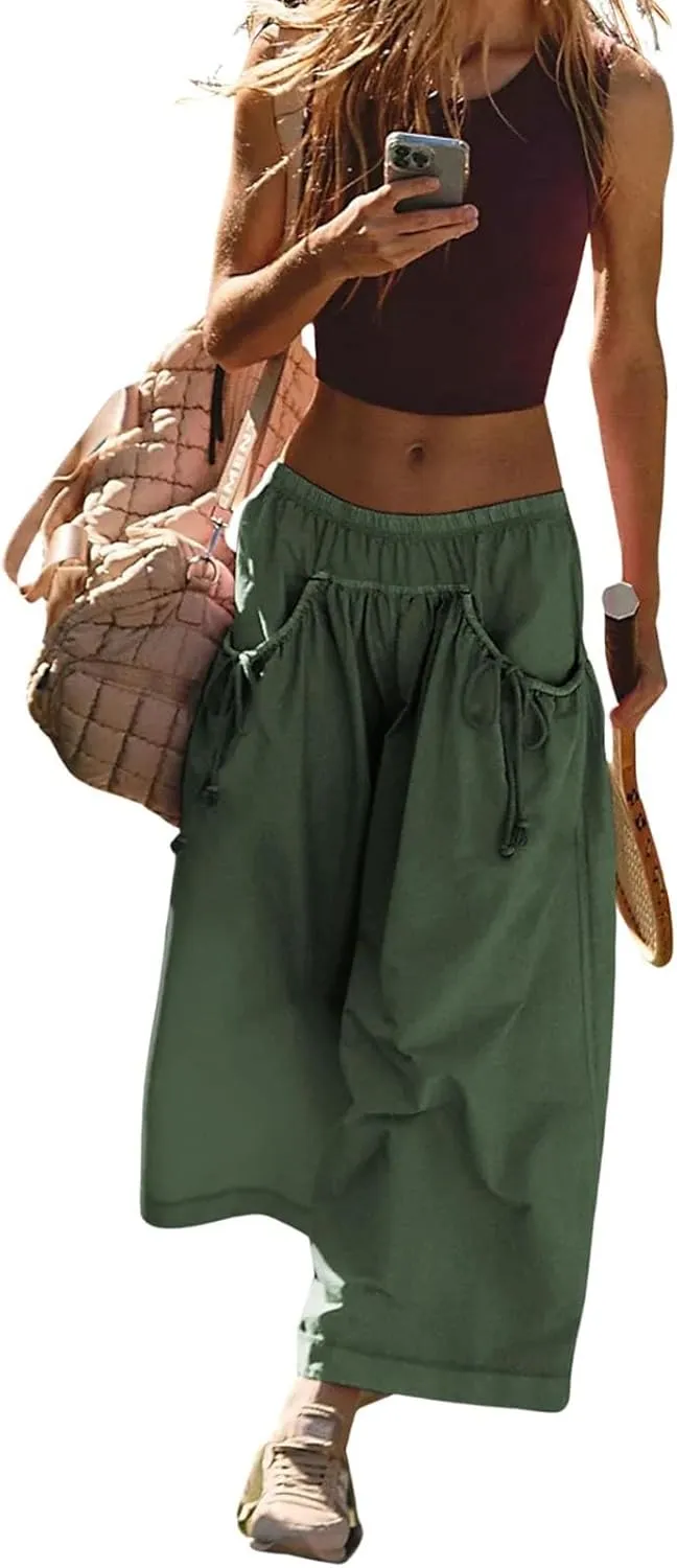 Womens Capri Pant Summer Wide Leg Loose Street Capris Joggers High Waist Drawstring Y2k Cropped Pants with Pockets