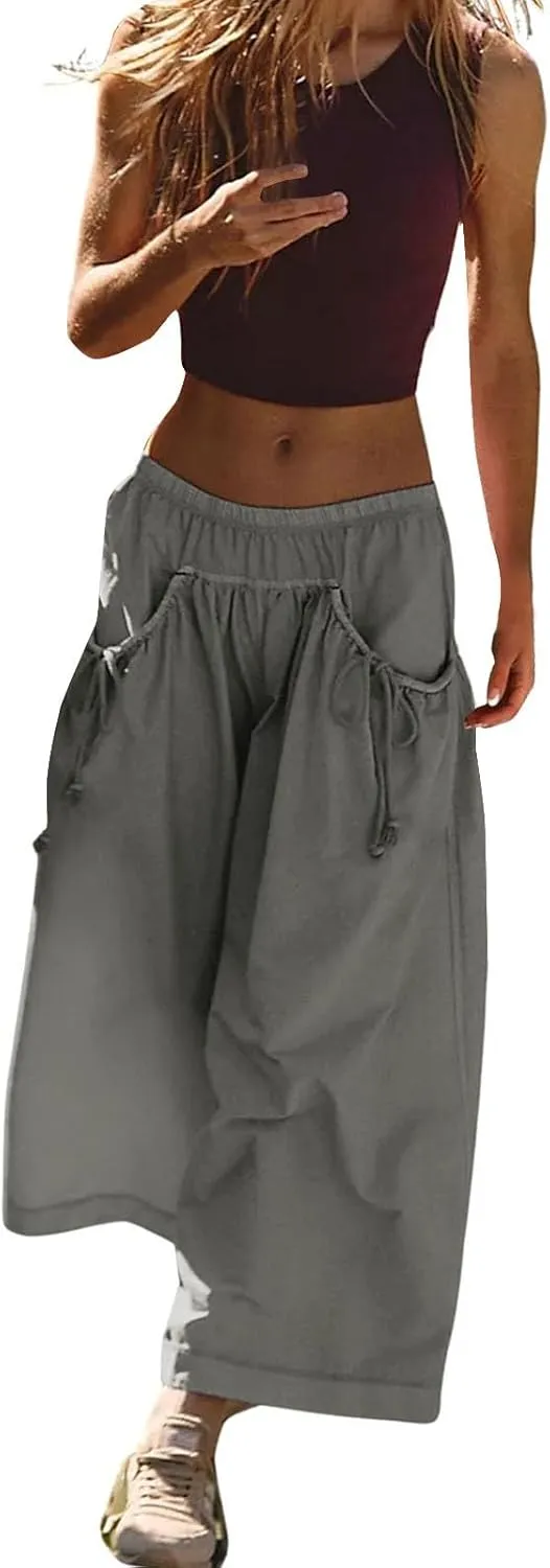 Womens Capri Pant Summer Wide Leg Loose Street Capris Joggers High Waist Drawstring Y2k Cropped Pants with Pockets