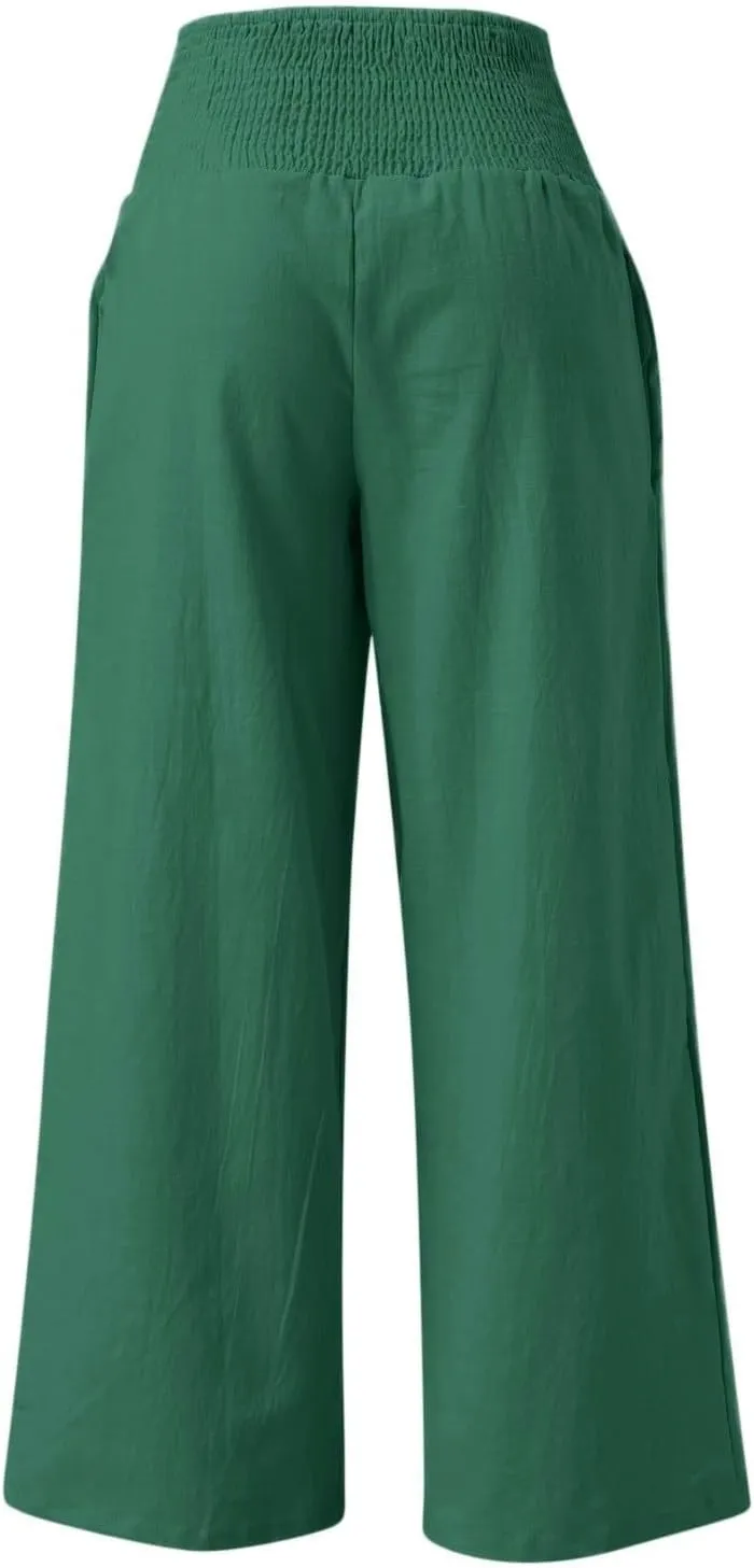 Women's Cotton Linen Pants High Elastic Waisted Wide Leg Pants Summer Casual Comfy Trousers Palazzo Lounge Pants Beach Pants