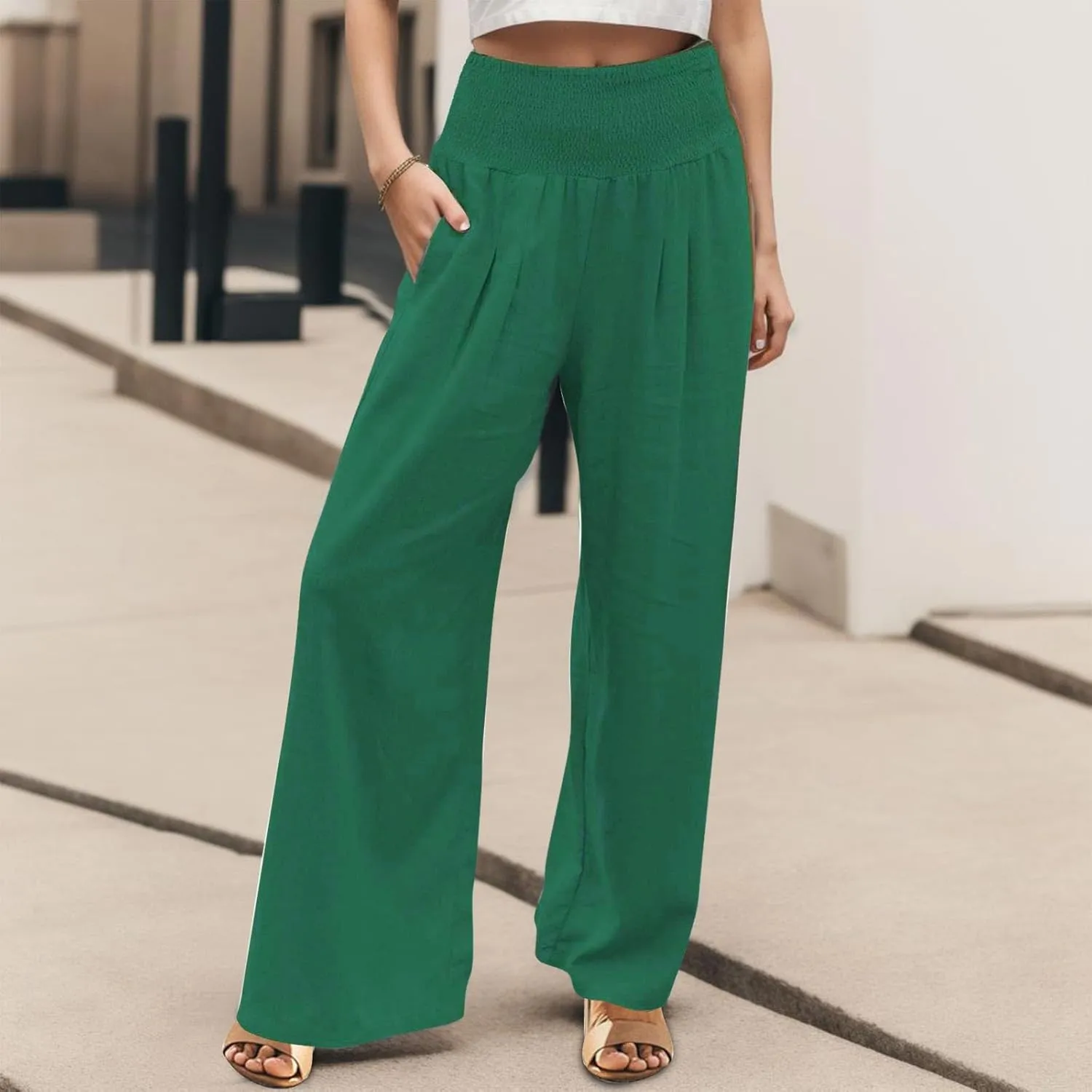 Women's Cotton Linen Pants High Elastic Waisted Wide Leg Pants Summer Casual Comfy Trousers Palazzo Lounge Pants Beach Pants