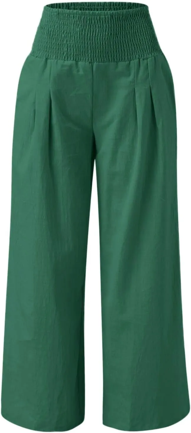 Women's Cotton Linen Pants High Elastic Waisted Wide Leg Pants Summer Casual Comfy Trousers Palazzo Lounge Pants Beach Pants