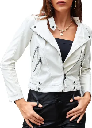 Womens Cropped Biker Faux Leather Jacket - Stylish Zipper White Short Moto Slim Fit Jacket