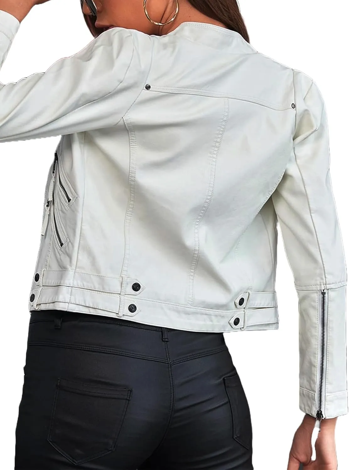 Womens Cropped Biker Faux Leather Jacket - Stylish Zipper White Short Moto Slim Fit Jacket