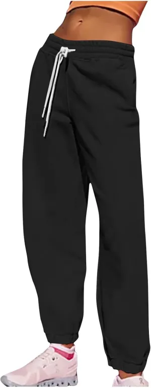 Women's Fall Sweatpants Fleece Lined Casual Pants Drawstring Jogger Pants High Waisted Baggy Pants Comfy Lounge Pants