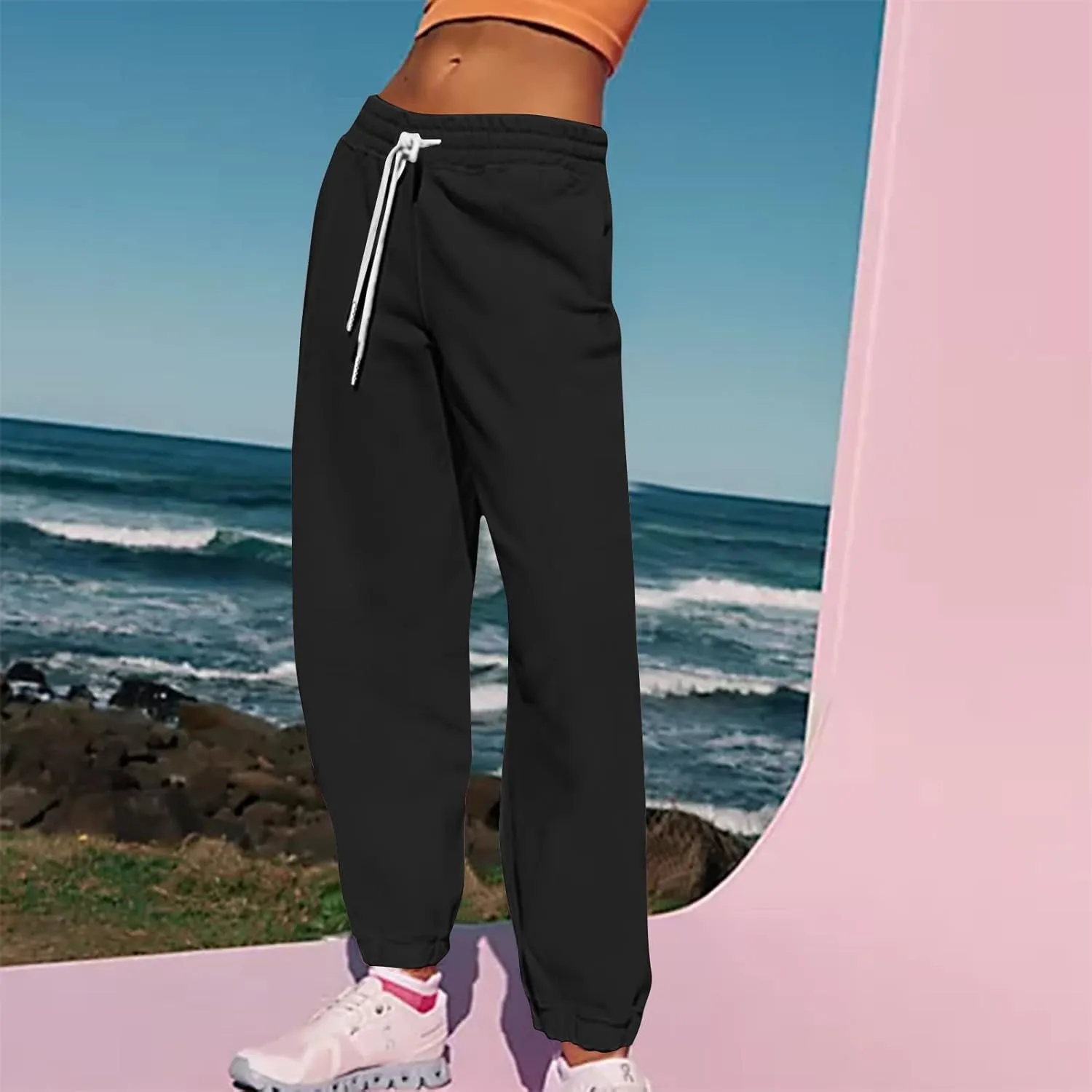 Women's Fall Sweatpants Fleece Lined Casual Pants Drawstring Jogger Pants High Waisted Baggy Pants Comfy Lounge Pants