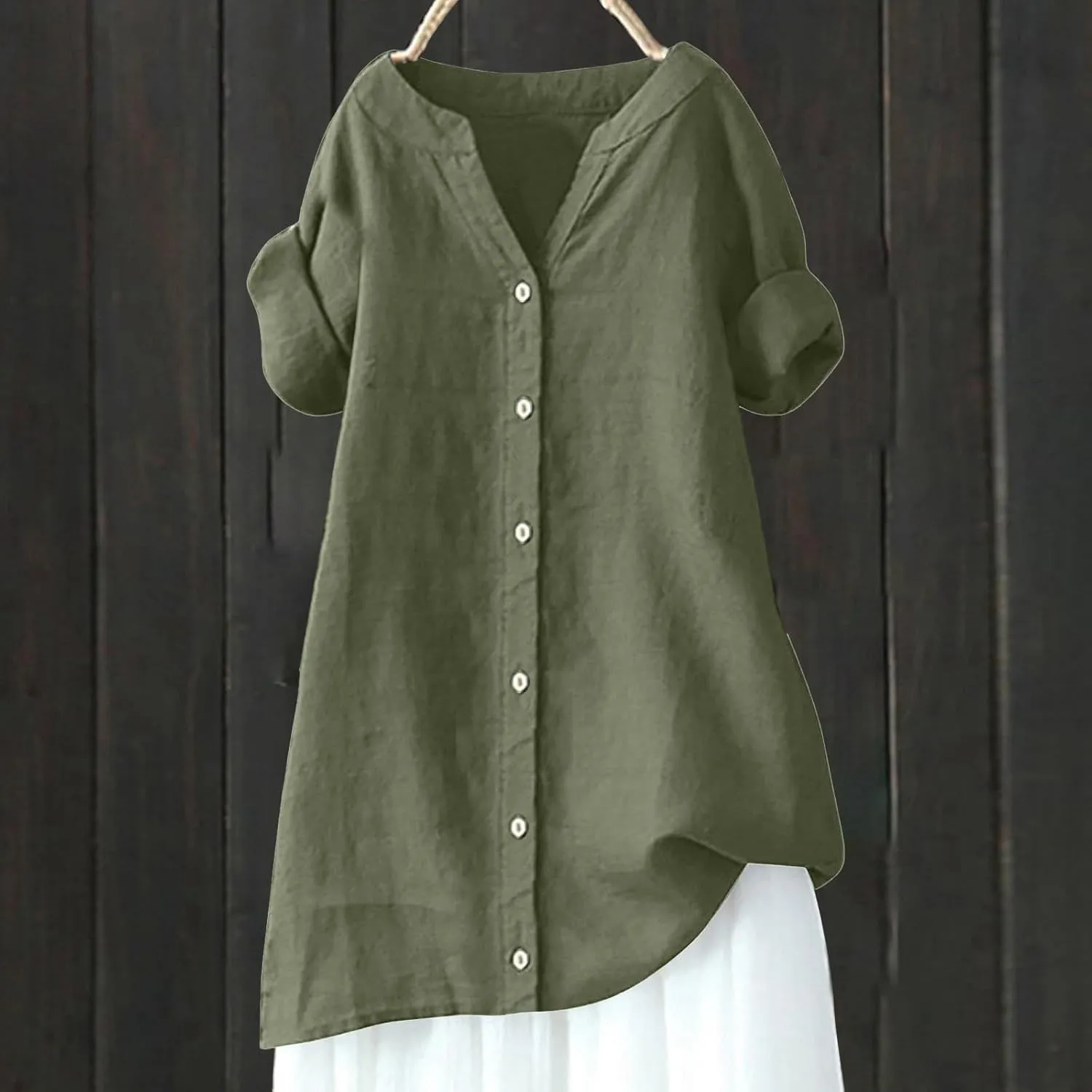 Womens Floral Linen Short Sleeve Top Summer Beach Casual Plus Size Tunic Top Round Neck Loose Tshirts