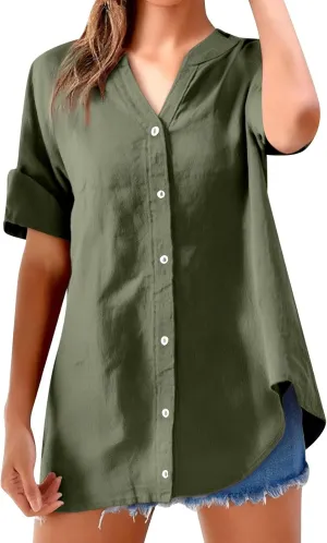 Womens Floral Linen Short Sleeve Top Summer Beach Casual Plus Size Tunic Top Round Neck Loose Tshirts