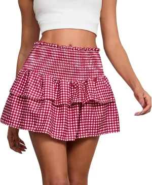 Womens Gingham Mini Skirt Men Sissy Plaid Pleated Lace A Line Ruffle Tiered Short Skirts Halloween Costume Cosplay
