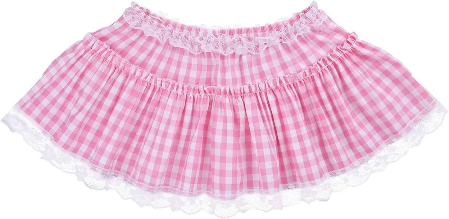 Womens Gingham Mini Skirt Men Sissy Plaid Pleated Lace A Line Ruffle Tiered Short Skirts Halloween Costume Cosplay